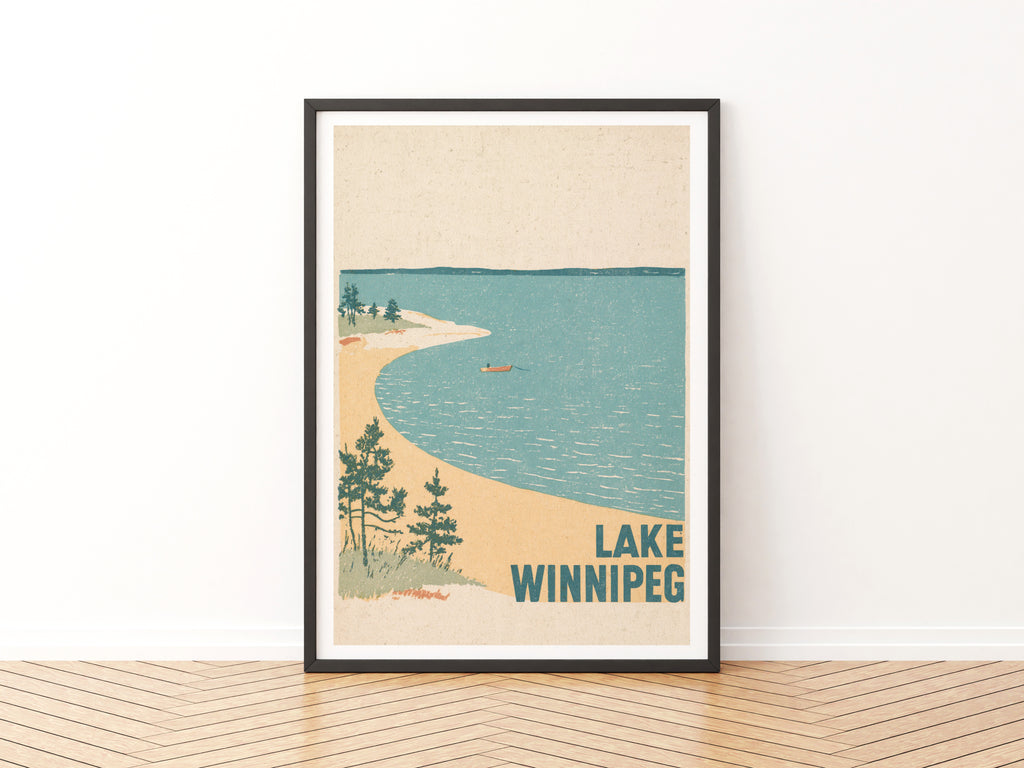 Lake Winnipeg Retro Print, Vintage Travel Poster, Manitoba Canada Lakeside Beach, Rowing Boat Pine