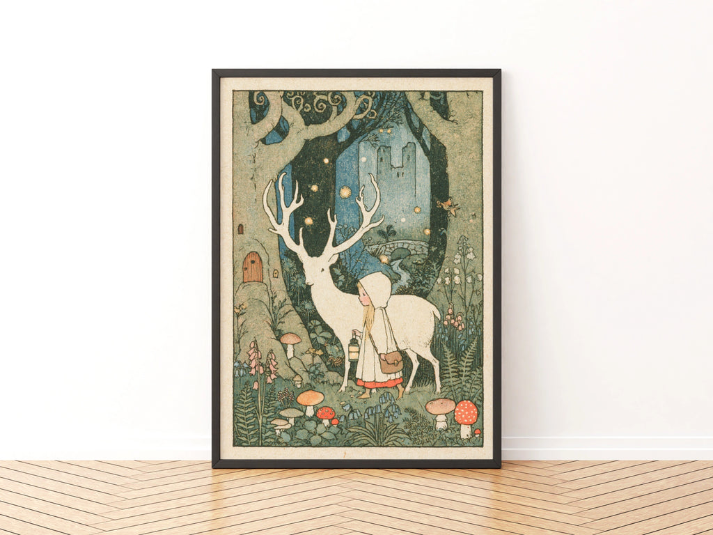 White Stag Fairy Tale Print, Victorian Children's Art, Magical Forest Girl Poster, Retro Collectable