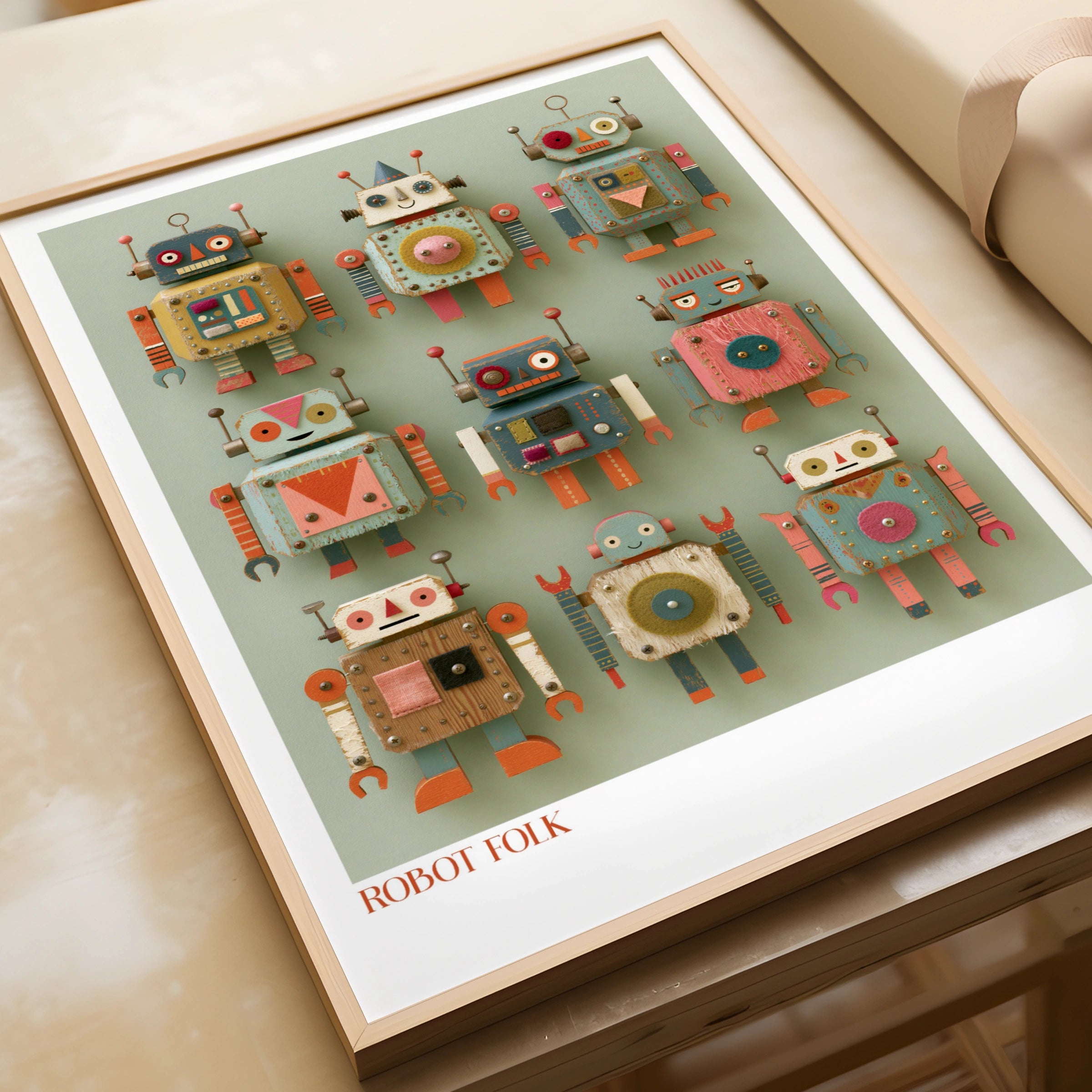 Retro Robot Folk Art Print, Children's Collectable Poster, Vintage Toy Wall Art Kids Room