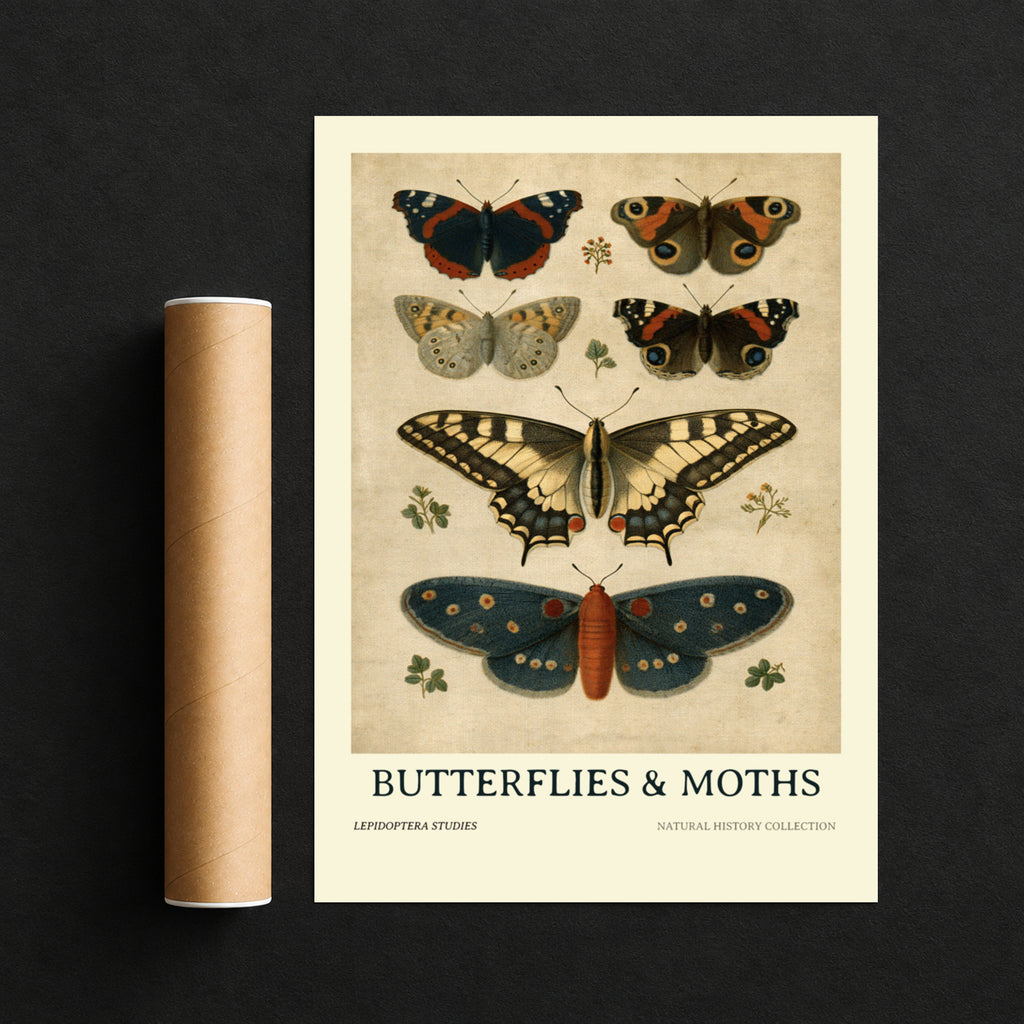 Vintage Butterflies and Moths Poster, Natural History Botanical Wall Art, Lepidoptera Study Print