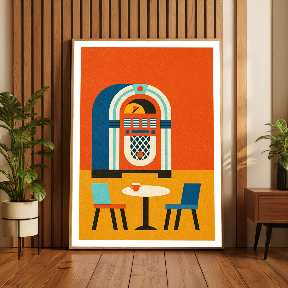 Retro Jukebox Poster, Vintage Diner Wall Art Print, 1950s Music Orange Blue Decor