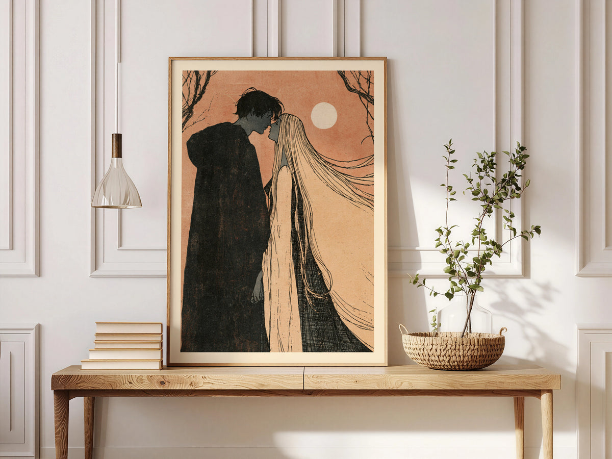 Gothic Romance Wall Art, Moonlit Lovers Poster, Dark Academia Print, Bare Trees, Moon Illustration