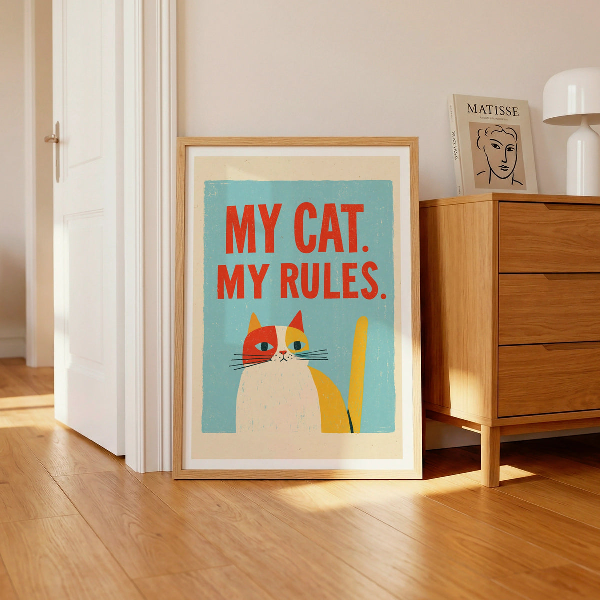 My Cat My Rules Print, Retro Cat Wall Art, Funny Cat Gift, Folk Style Cat Lovers Art