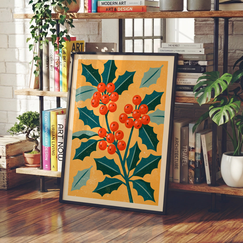 Vintage Holly Berry Poster, Retro Christmas Botanical Print, Teal Orange Festive Wall Art