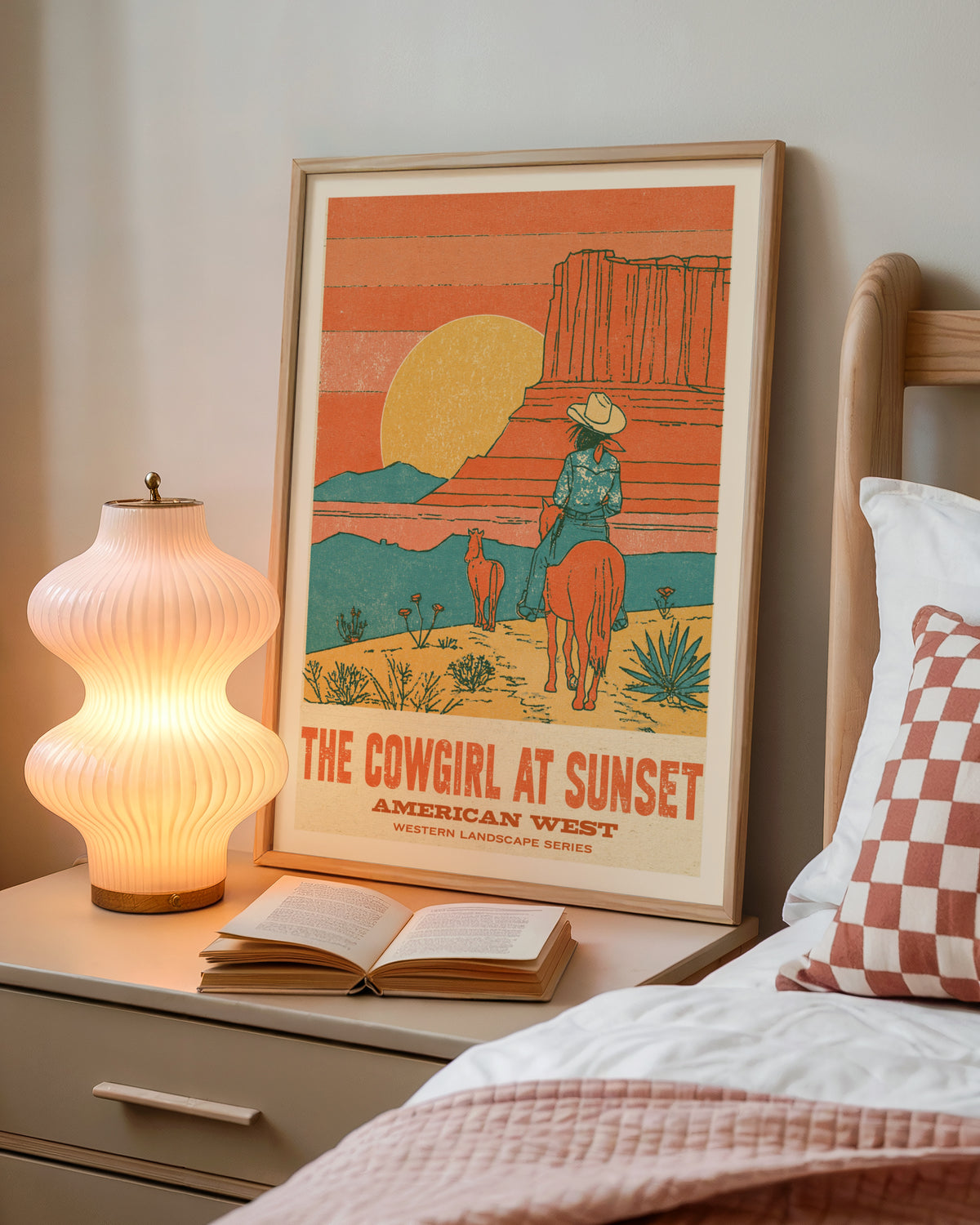 Contemporary Cowgirl at Sunset Print, American West Wall Art, Desert Canyon Retro Western Decor