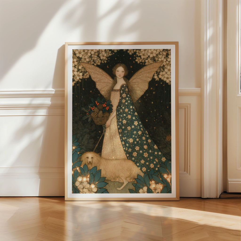 Winter Fairy Print, Christmas Angel Poster, Vintage Folk Art, Teal Gold Festive Wall Art