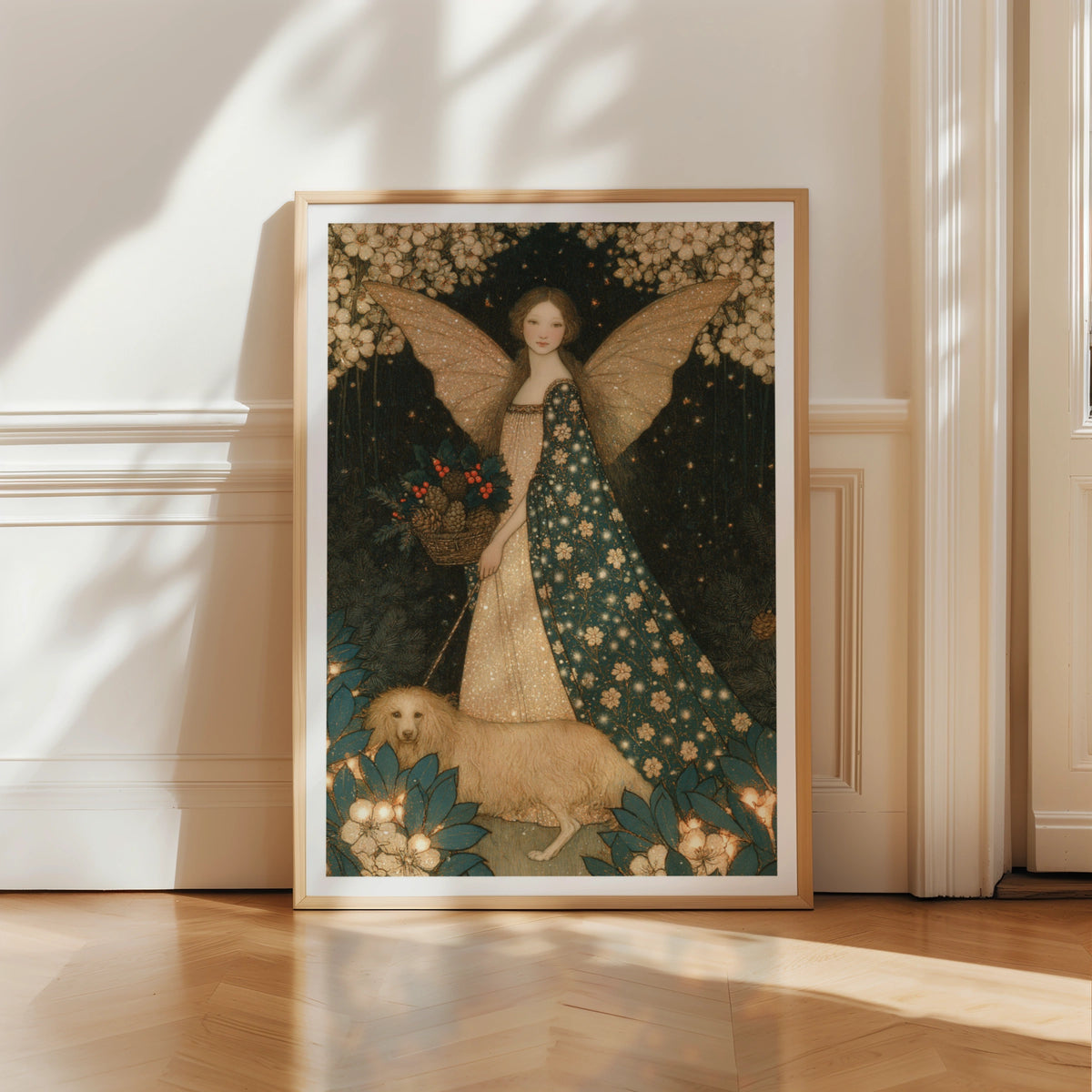Winter Fairy Print, Christmas Angel Poster, Vintage Folk Art, Teal Gold Festive Wall Art