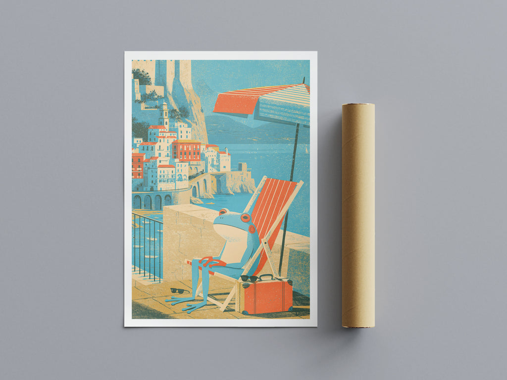 Contemporary Amalfi Coast Frog Print, Whimsical Italy Travel Art, Deckchair Seaside Wall Decor