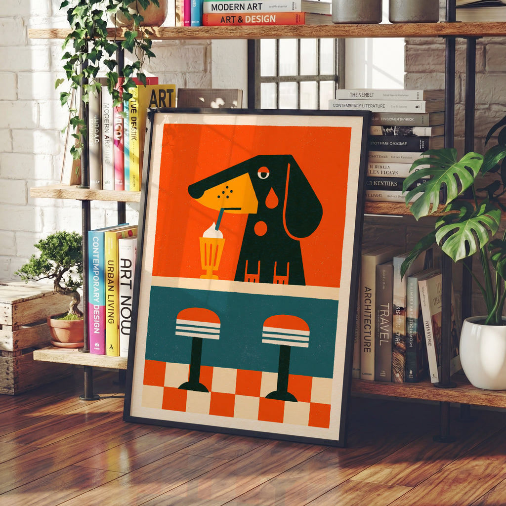 Vintage Dachshund Diner Poster, Retro Dog Milkshake Print, Sausage Dog Wall Art, 50s