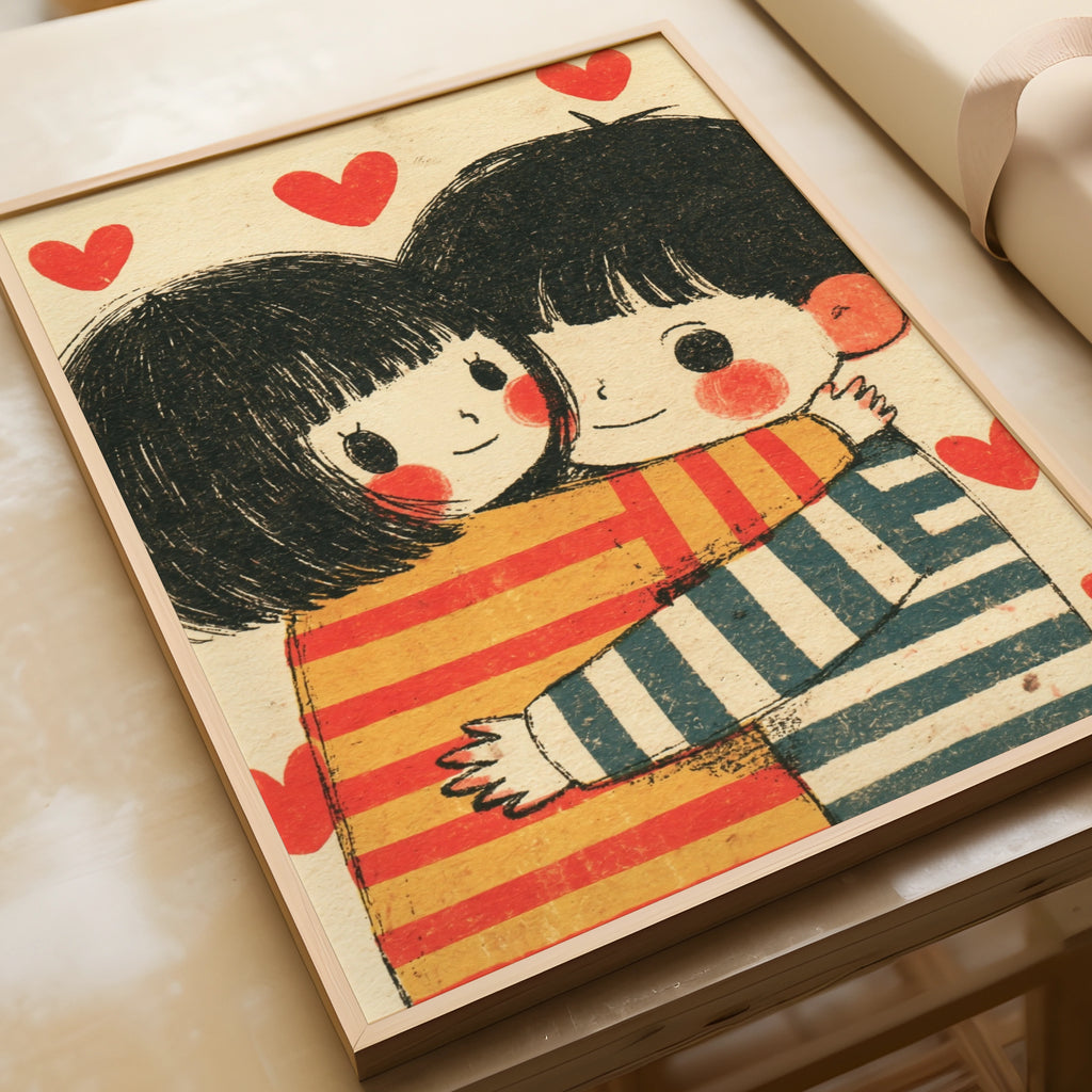 Retro Couple Hug Print, Cute Love Poster, Red Hearts Wall Art, Vintage Illustration Gift