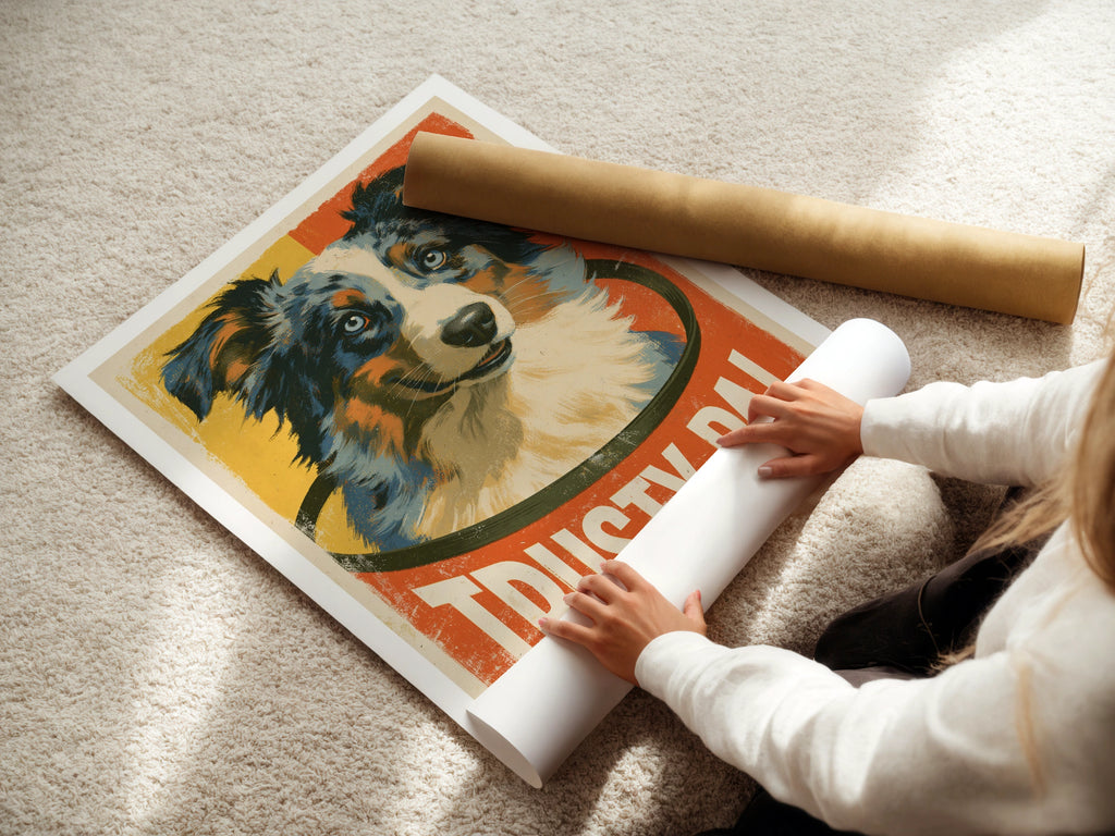 Retro Dog Poster, Australian Shepherd Print, Trusty Pal Folk Art Wall Decor