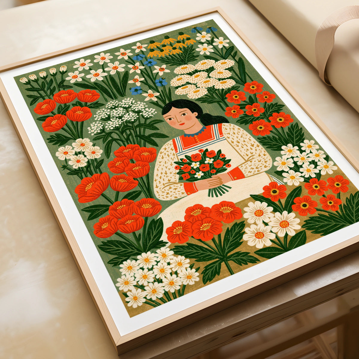 Vintage Flower Girl Poster, Folk Art Floral Print, Botanical Garden Wall Art, Cottagecore Decor