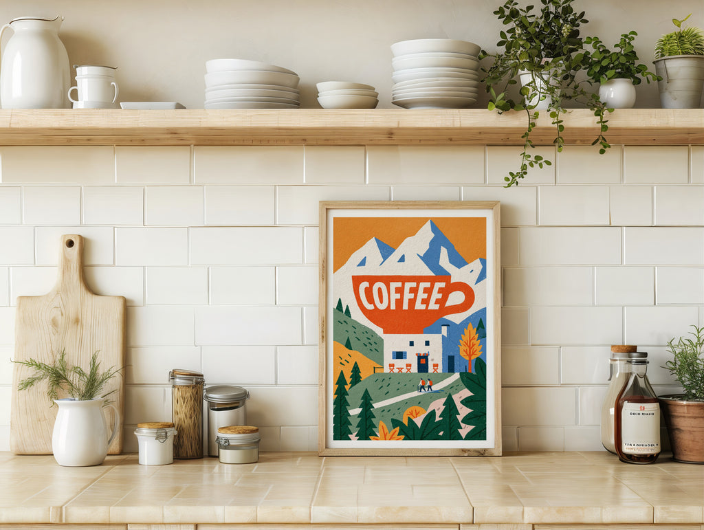 Vintage Food Poster Print, Coffee Alpine Mountain Hut Art, Rustic Kitchen Decor, Retro Mid Century