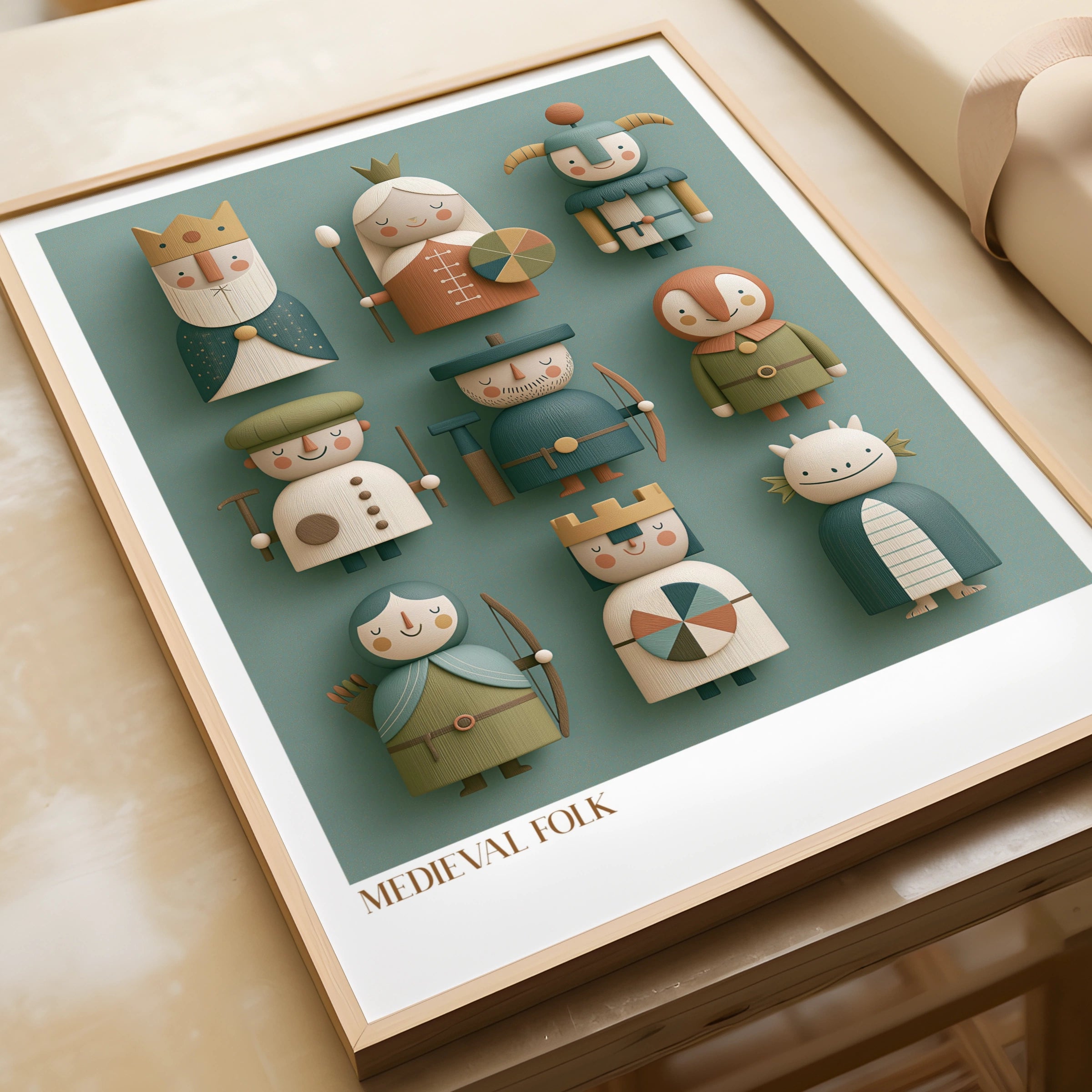 Medieval Folk Retro Children's Print, Wooden Toy Characters, Kids Wall Art Poster