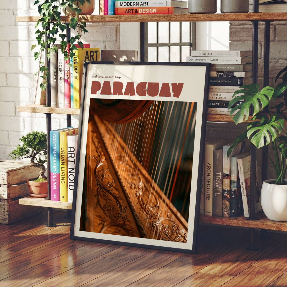 Paraguay Retro Travel Poster, Traditional Wooden Harp Print, South America Wall Art
