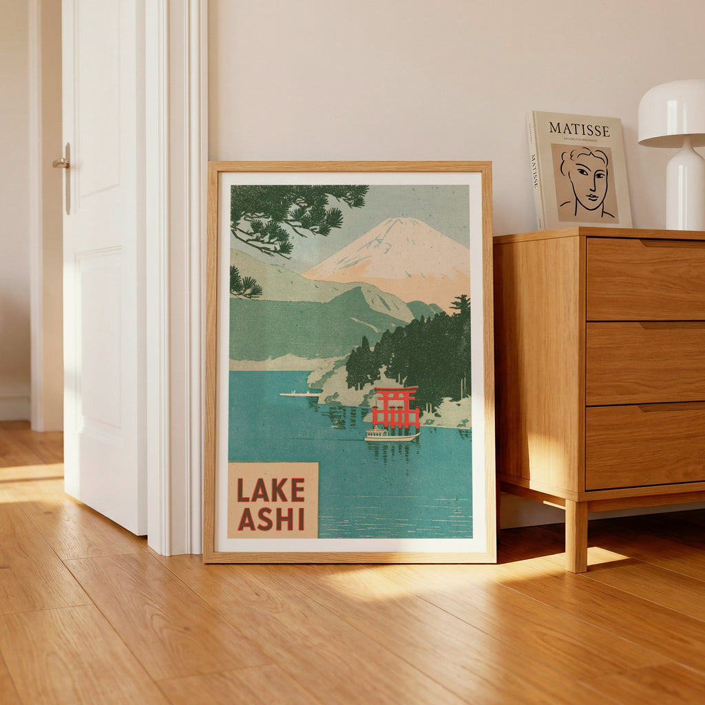 Retro Lake Ashi Japan Print, Vintage Travel Poster, Mount Fuji Torii Gate Woodblock Style, Hakone
