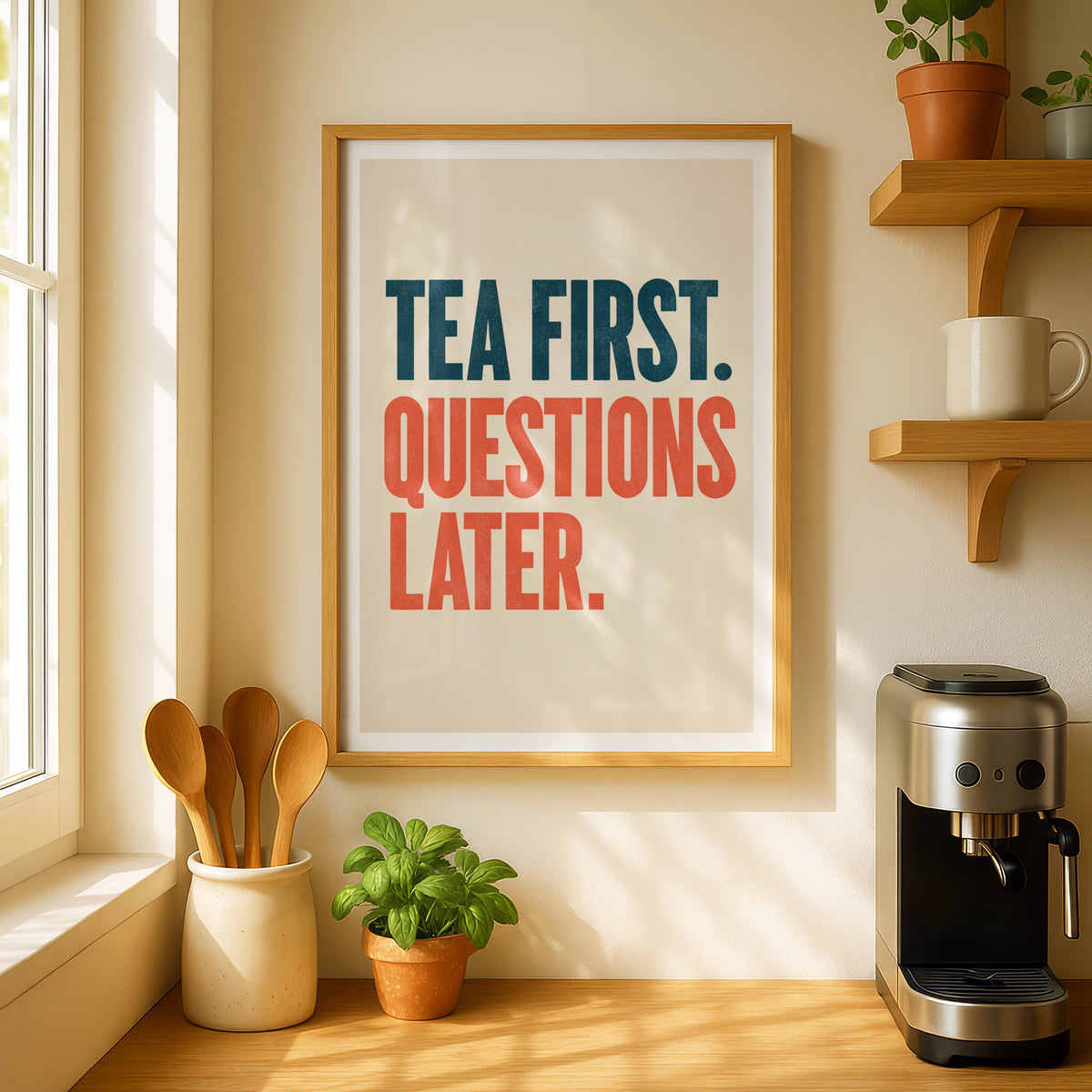 Tea First Questions Later Print, Vintage Food Poster Print, Rustic Kitchen Decor, Retro Mid Century