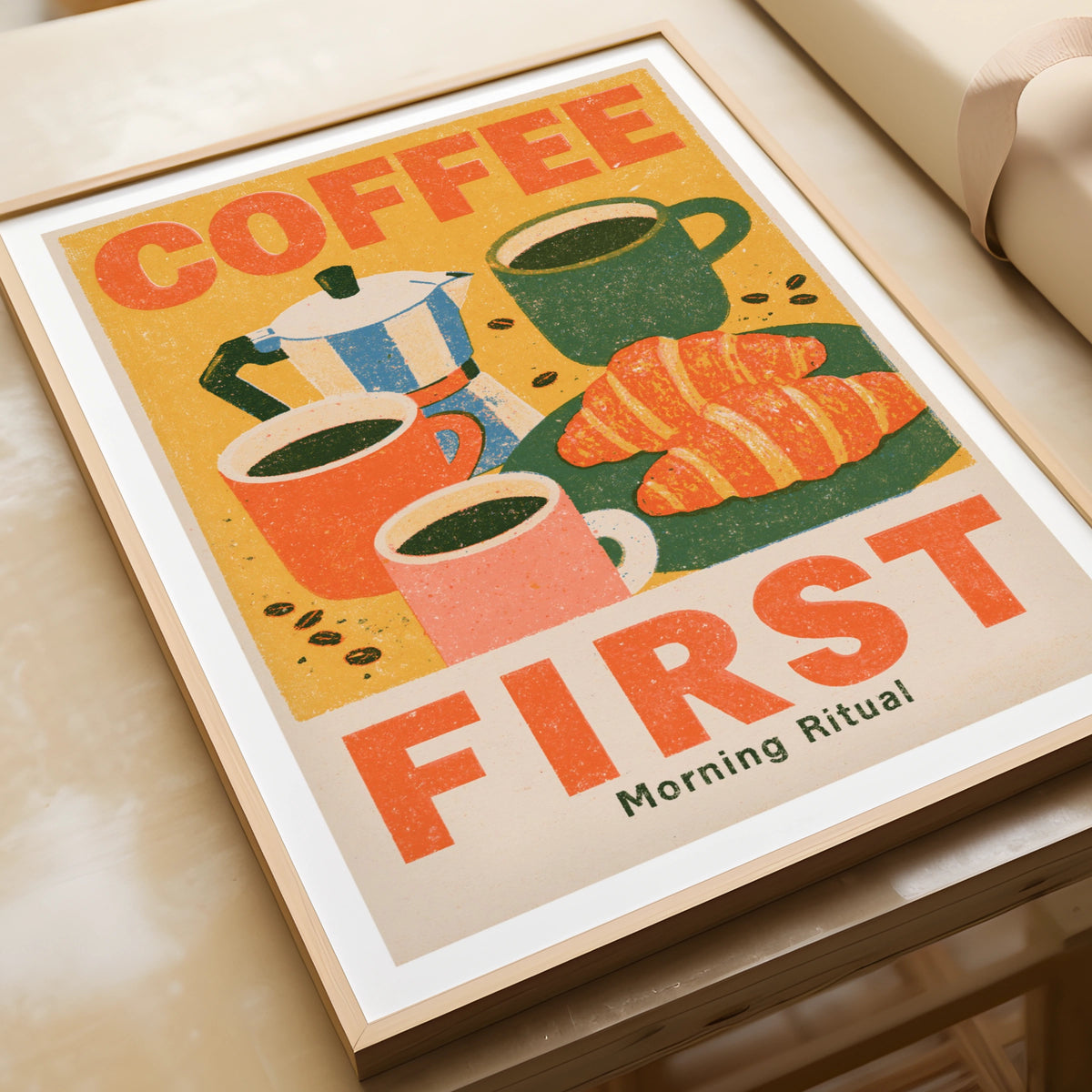 Coffee First Vintage Food Poster Print | Rustic Kitchen Decor | Retro Mid Century Risograph