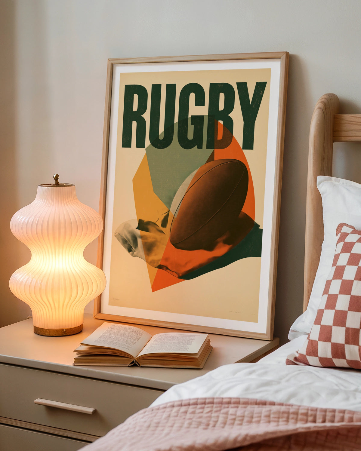 Retro Rugby Poster, Vintage Rugby Ball Print, Sports Wall Art, Green Orange Decor