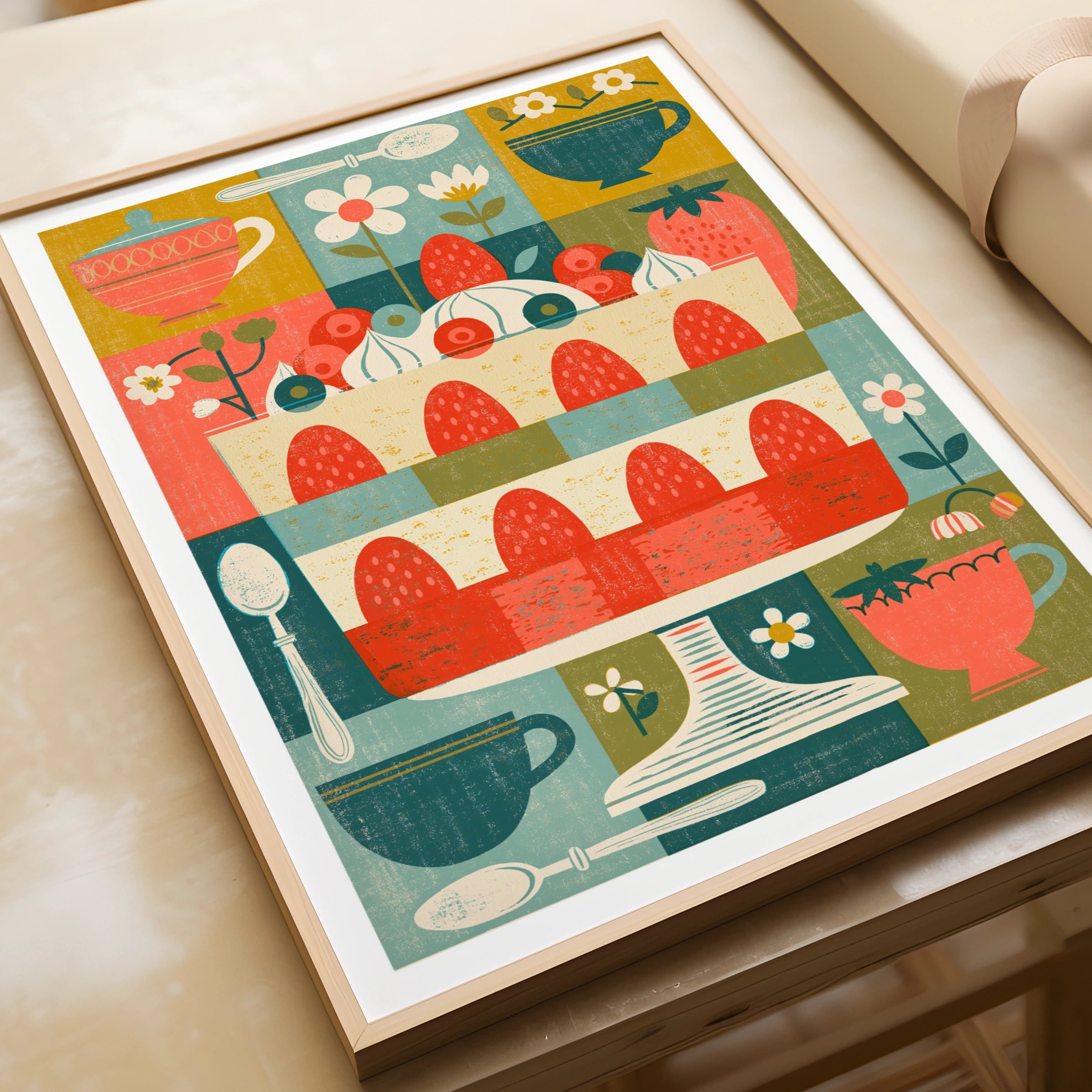 Vintage Trifle Print,  Rustic Kitchen Decor, Retro Mid Century Risograph Art