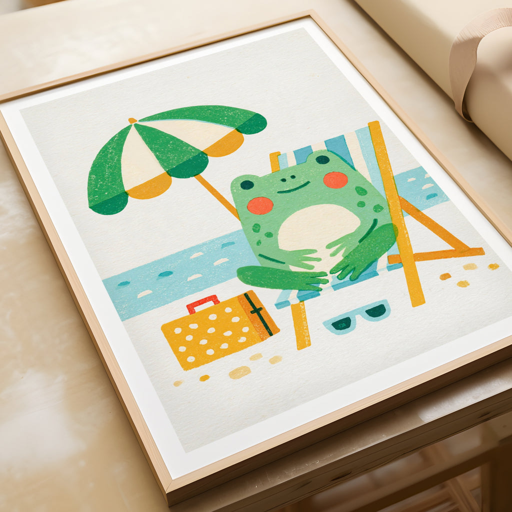 Retro Frog Beach Print, Vintage Style Wall Art, Cute Frog Poster, Kids Room Nursery Decor