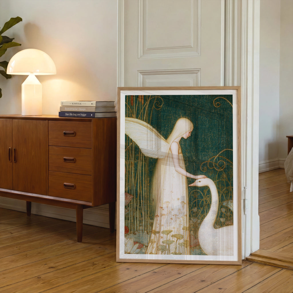 Fairy and Swan Print, Classic Folk Art Poster, Ethereal Fantasy Wall Art, Teal Gold Whimsical