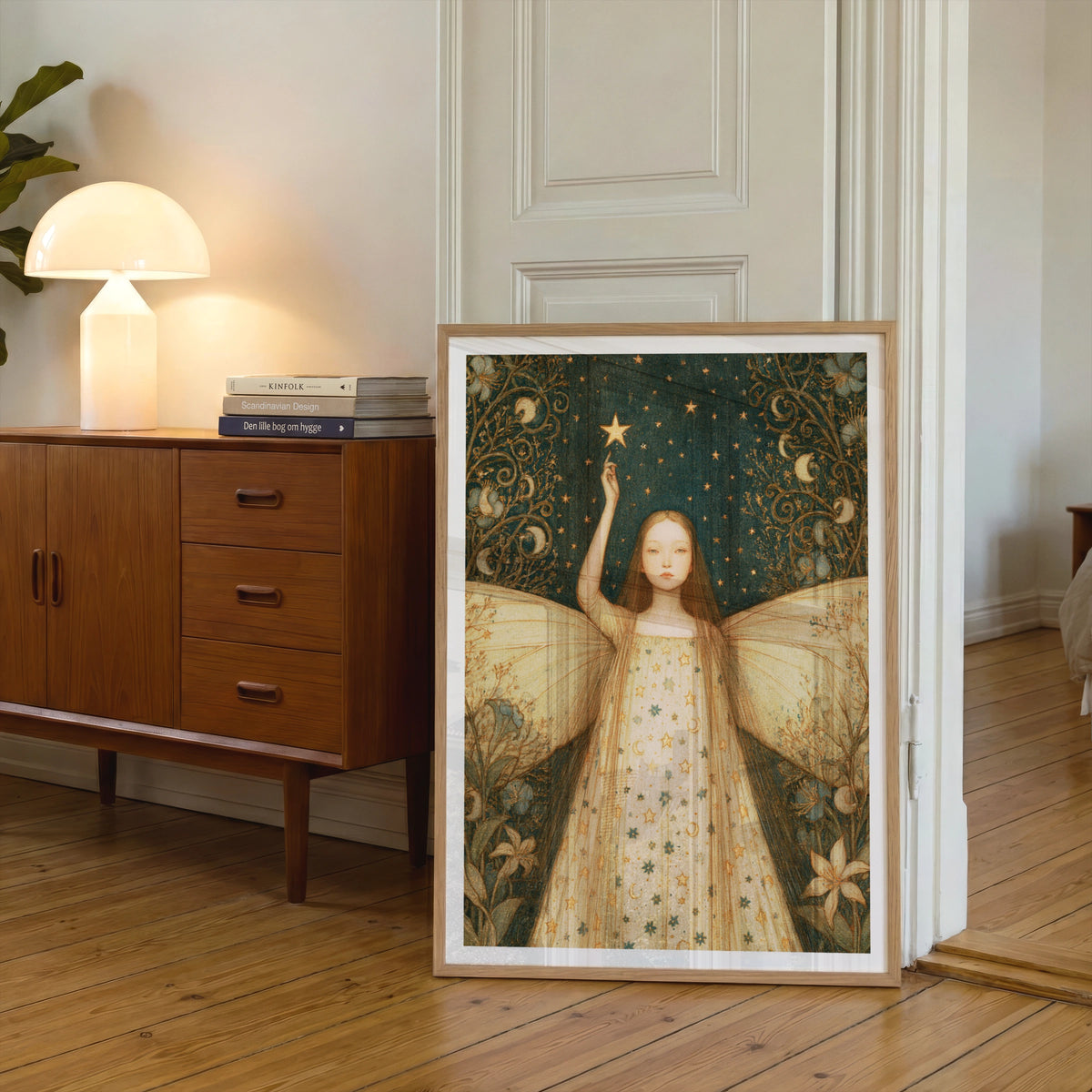 Star Fairy Star Print, Classic Celestial Fairy Poster, Teal Gold Moon Wall Art, Whimsical Folk