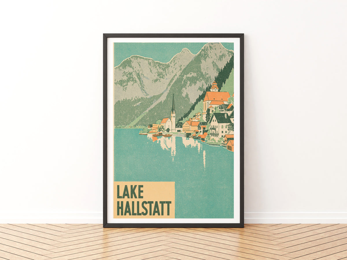 Lake Hallstatt Austria Retro Travel Poster, Vintage Travel Alpine Village Art Print, Wall Decor