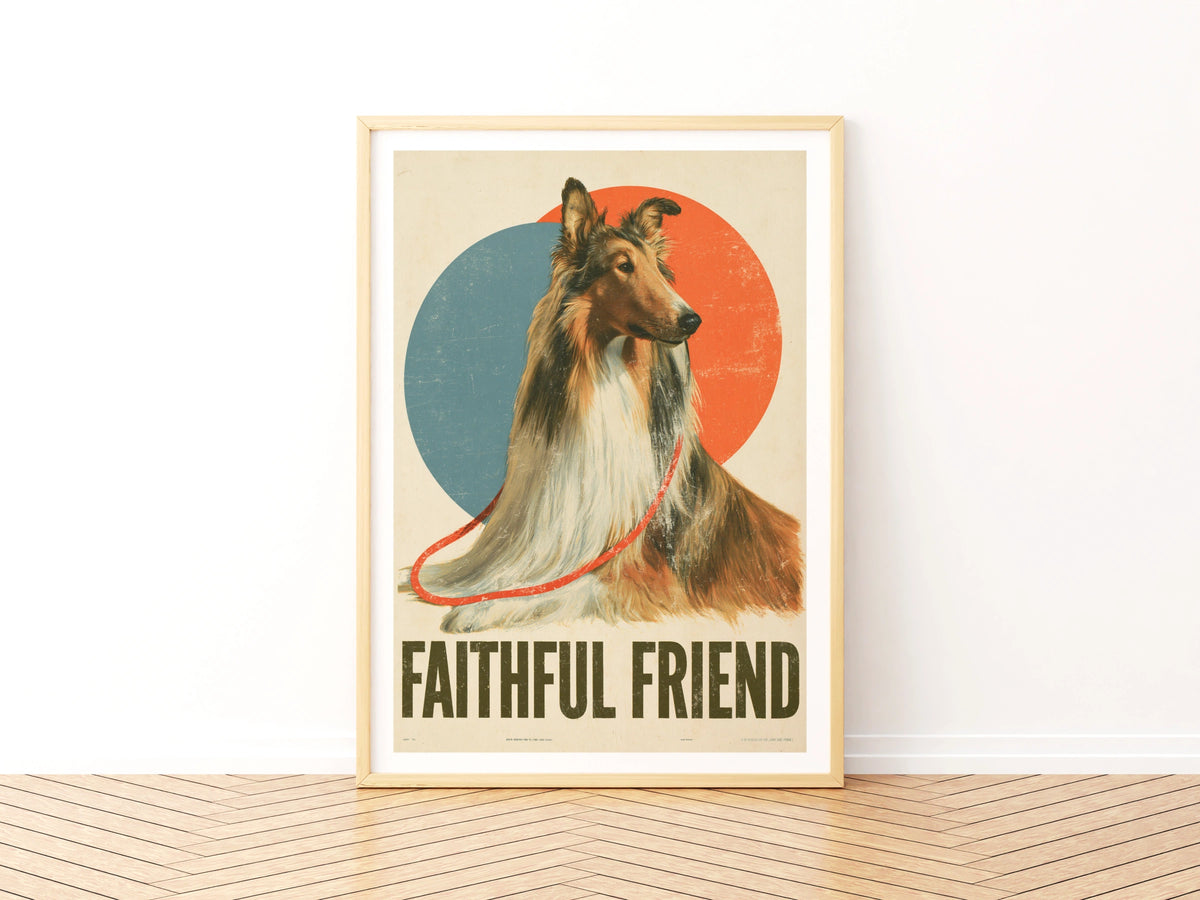 Retro Collie Dog Print, Faithful Friend Folk Art, Vintage Style Dog Wall Art Gift