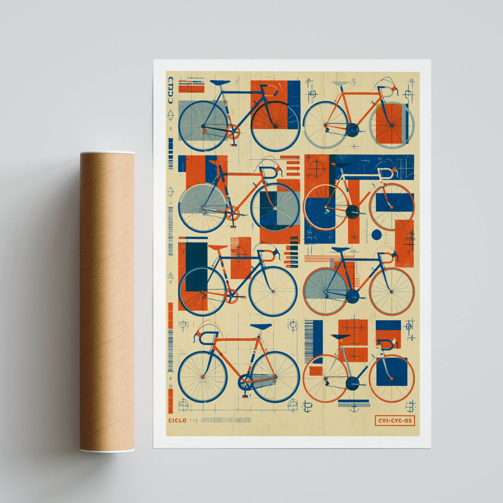 Retro Bicycle Poster, Vintage Cycling Blueprint Art Print, Blue Orange Bike Wall Art