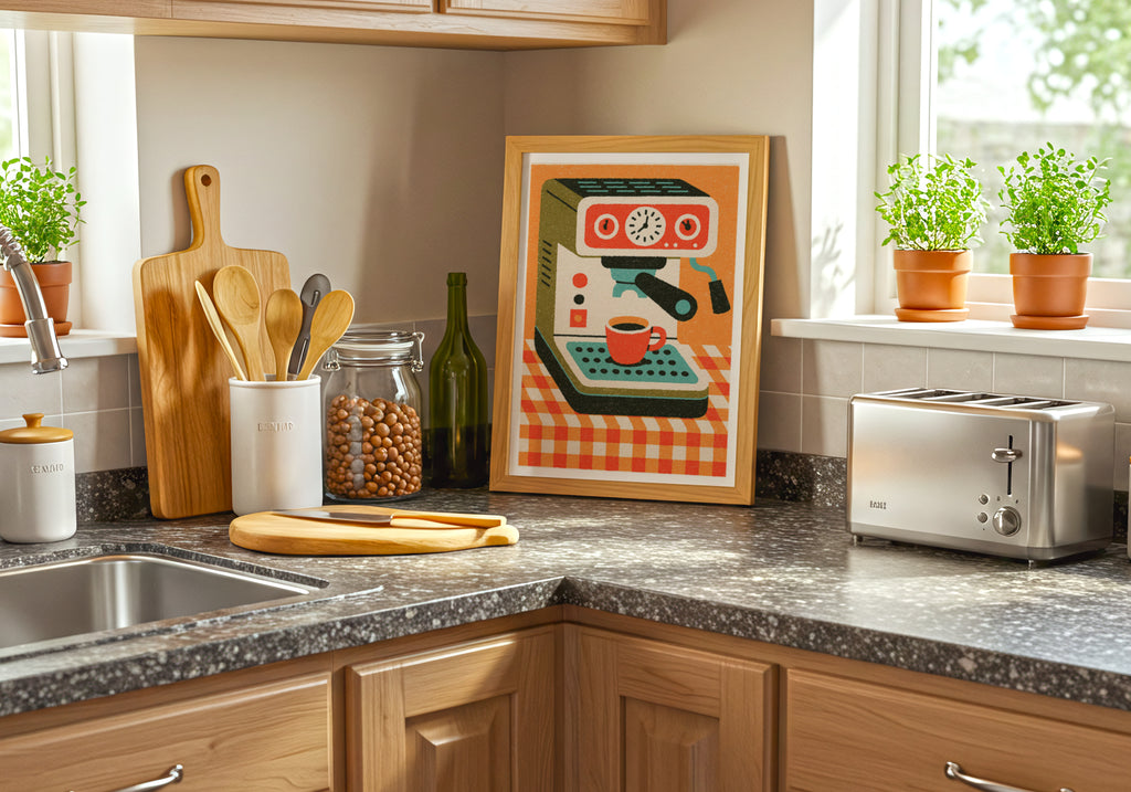 Retro Espresso Machine, Rustic Kitchen Decor, Mid Century Risograph Art