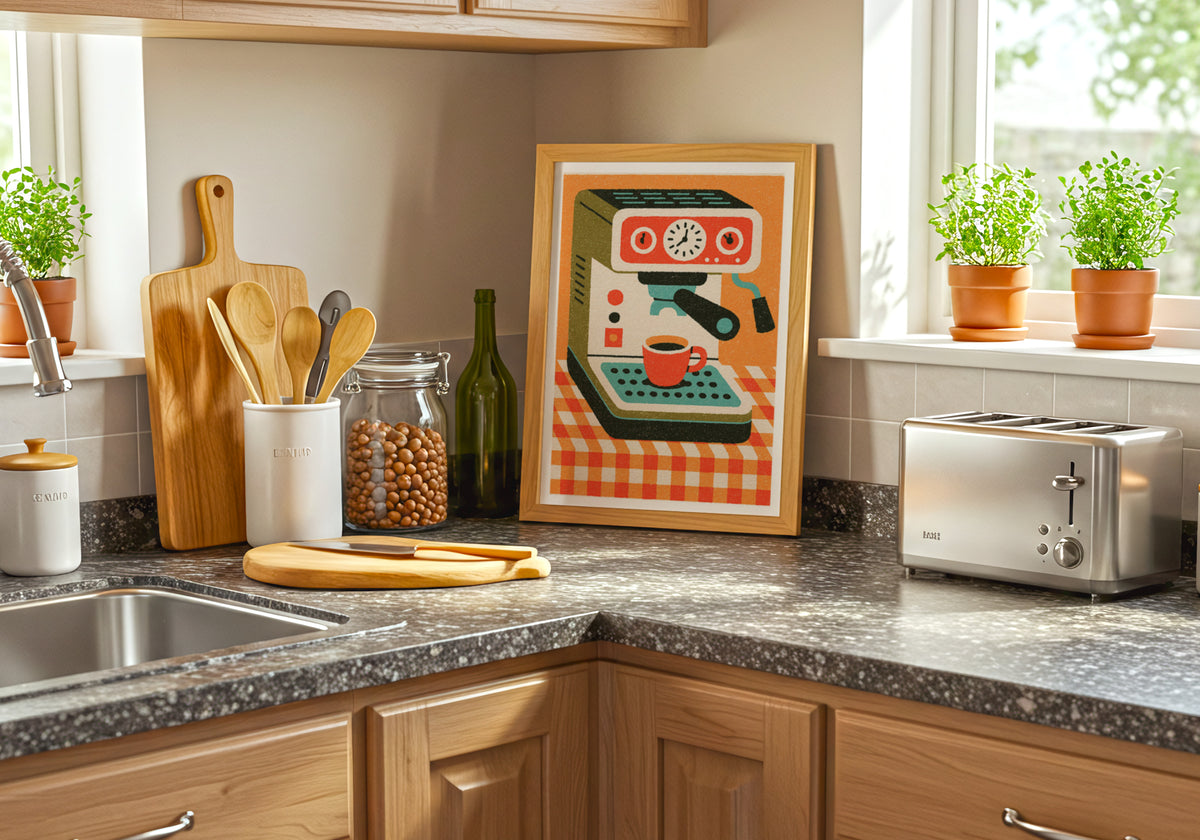Retro Espresso Machine, Rustic Kitchen Decor, Mid Century Risograph Art