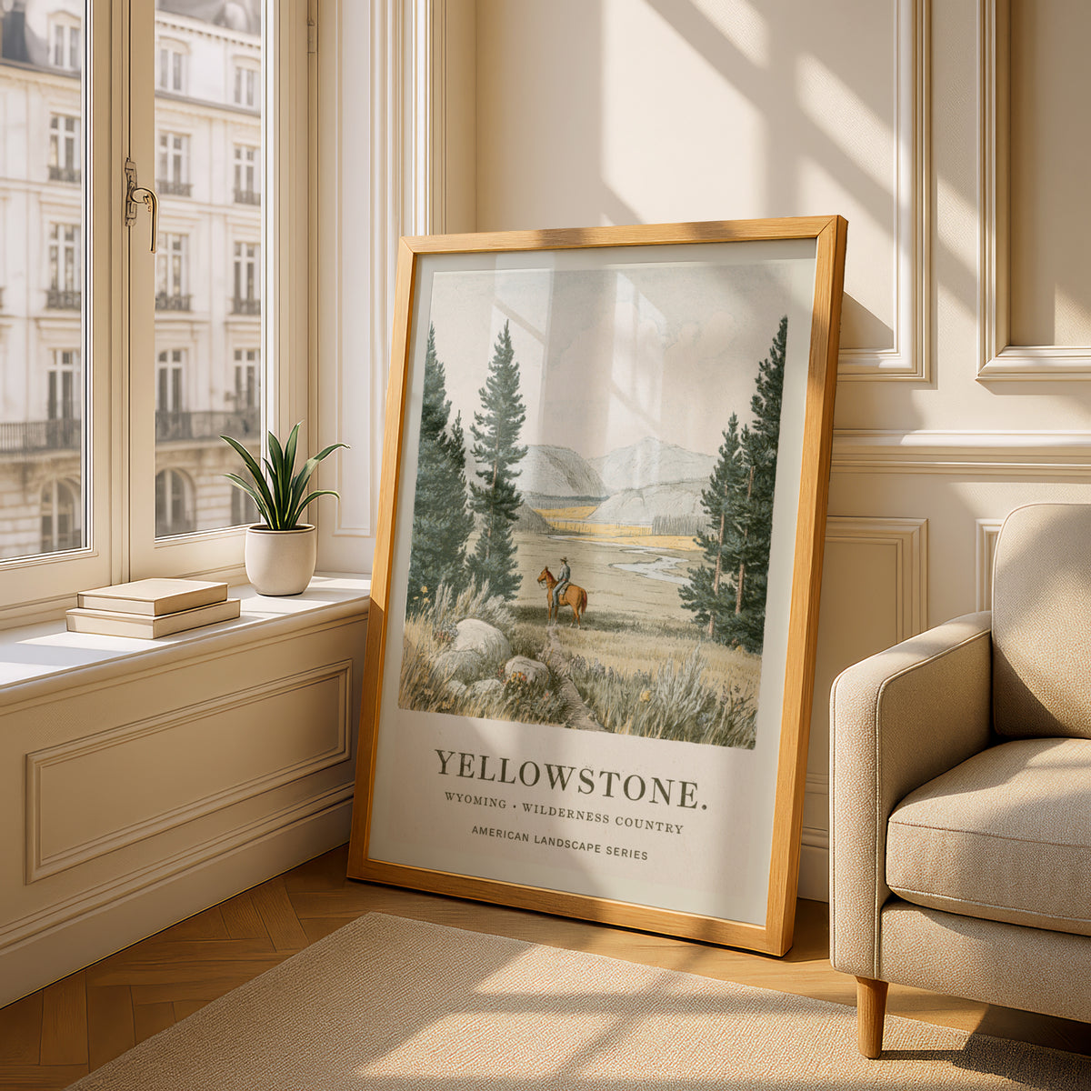 Yellowstone Wyoming Print, Vintage Landscape Poster, Cowboy on Horseback, Pine Forest Mountain Wall