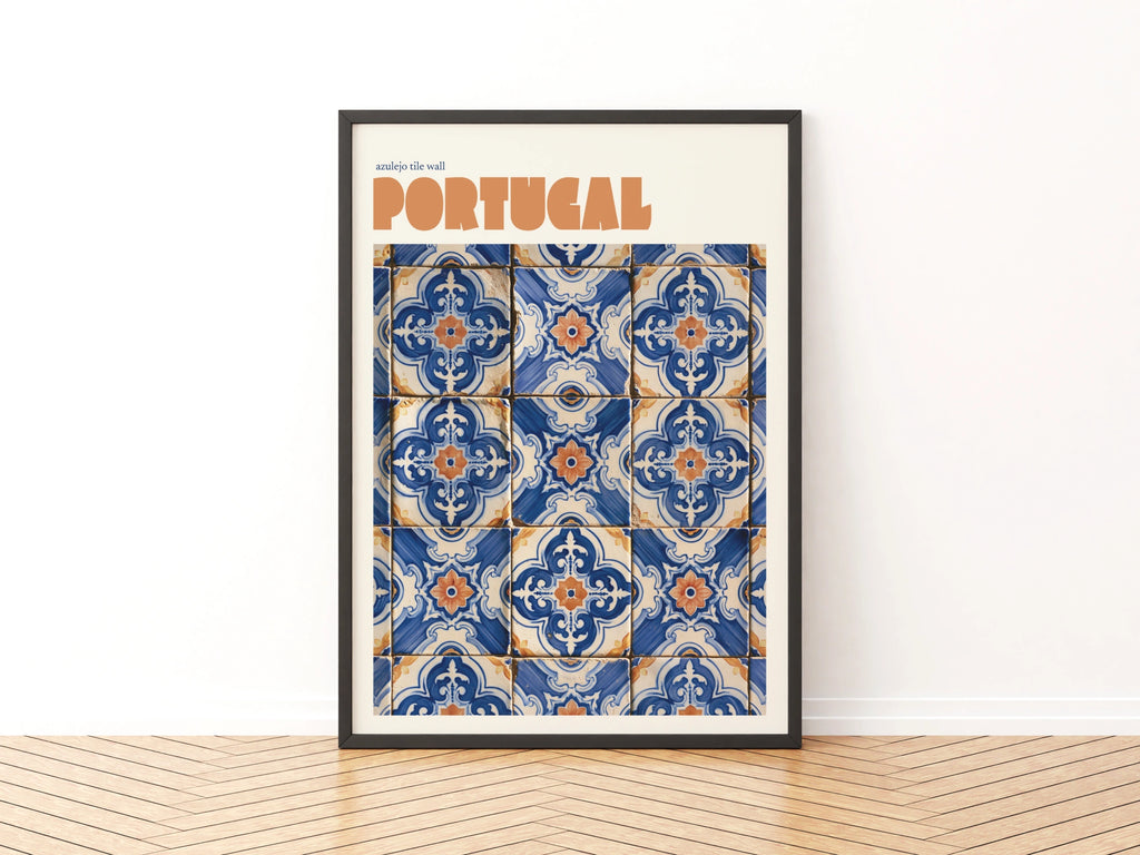 Portugal Azulejo Tile Retro Travel Poster, Blue Terracotta Wall Art Print