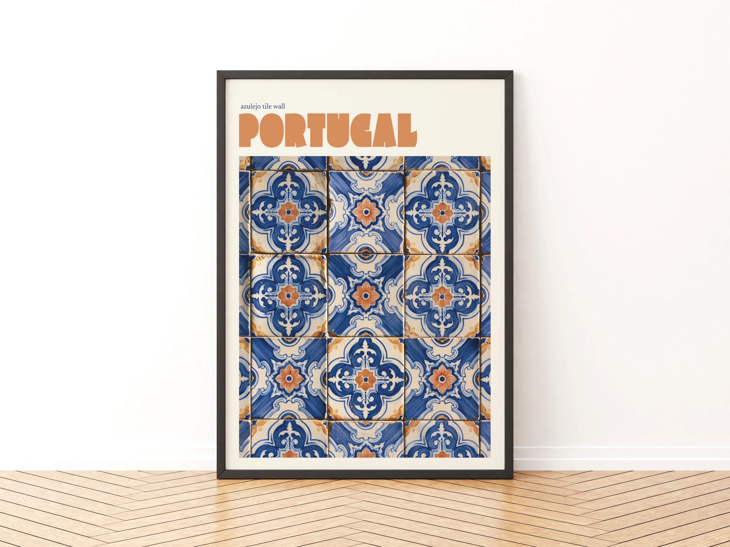 Portugal Azulejo Tile Retro Travel Poster, Blue Terracotta Wall Art Print