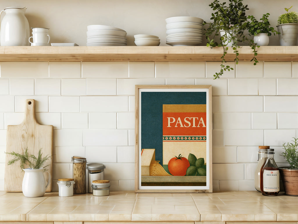 Vintage Food Poster Print, Pasta Rustic Kitchen Decor, Retro Mid Century Risograph Italian Art