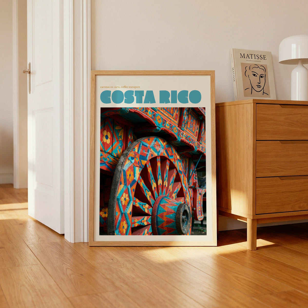 Costa Rica Travel Poster, Retro Ox Cart Print, Colourful Carreta Wall Art Decor