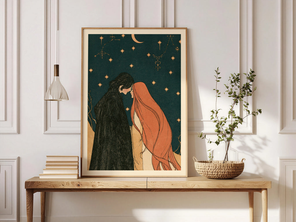 Celestial Lovers Art Print, Starry Night Sky Poster, Vintage Romantic Wall Art, Crescent Moon Couple