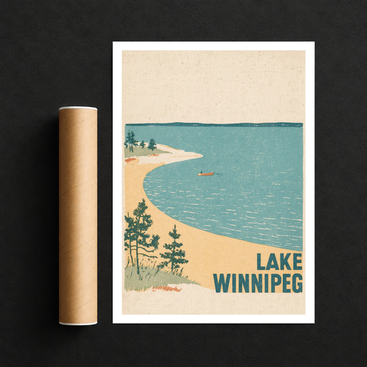 Lake Winnipeg Retro Print, Vintage Travel Poster, Manitoba Canada Lakeside Beach, Rowing Boat Pine