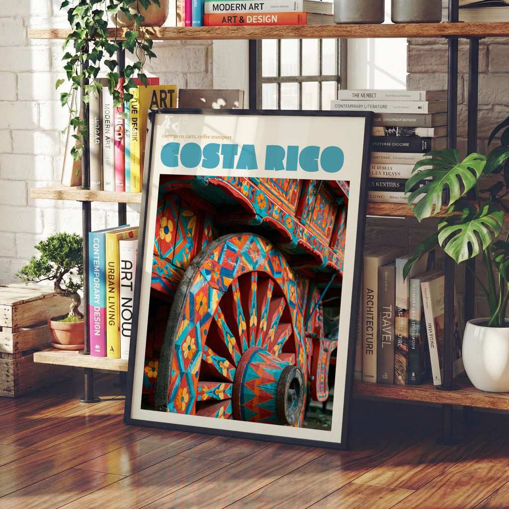 Costa Rica Travel Poster, Retro Ox Cart Print, Colourful Carreta Wall Art Decor