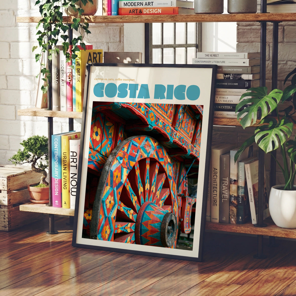 Costa Rica Travel Poster, Retro Ox Cart Print, Colourful Carreta Wall Art Decor