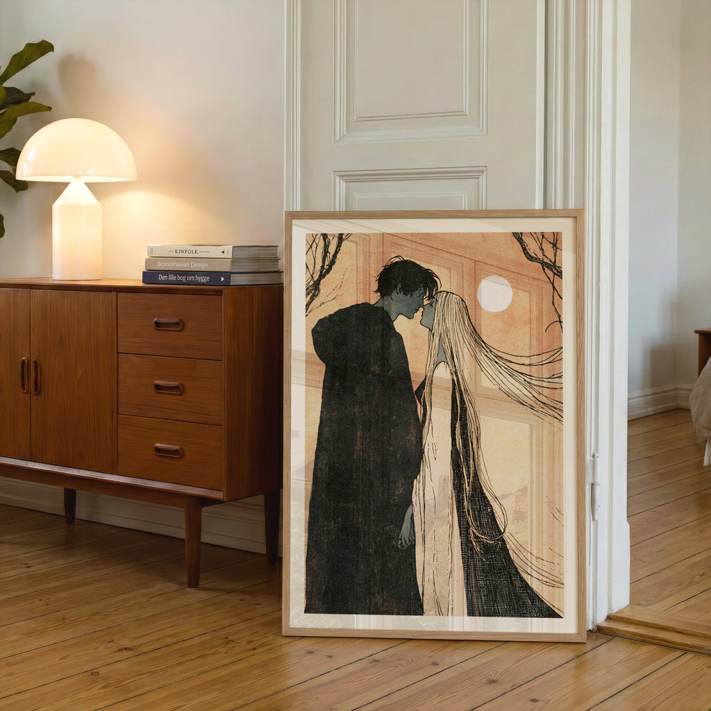 Gothic Romance Wall Art, Moonlit Lovers Poster, Dark Academia Print, Bare Trees, Moon Illustration
