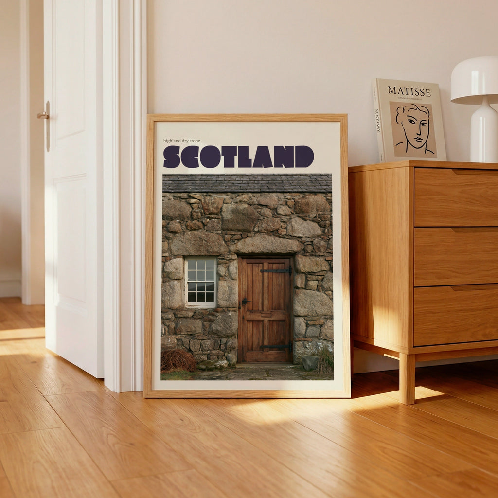 Scotland Retro Travel Poster, Highland Dry Stone Cottage, Scottish Wall Art Print