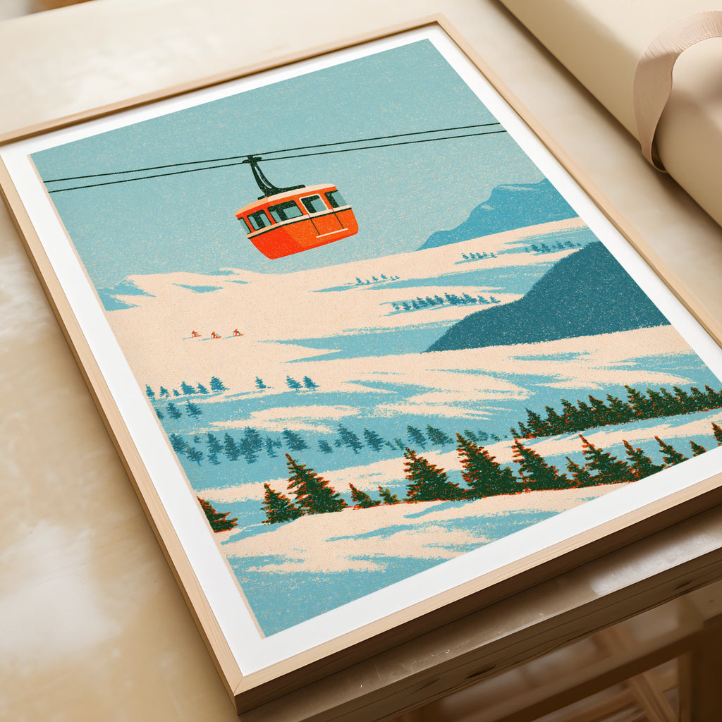 Retro Ski Gondola Poster, Vintage Mountain Cable Car Print, Alpine Wall Art Gift