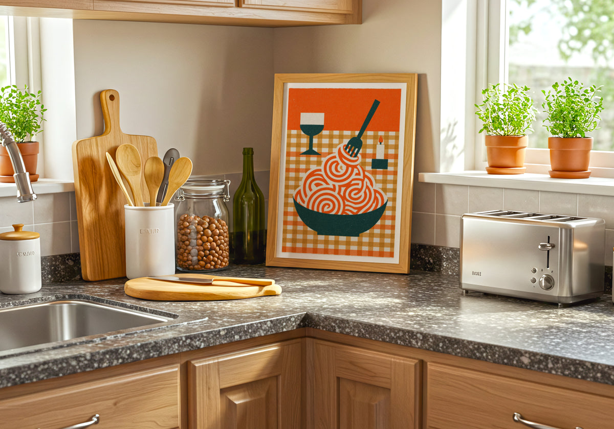  Pasta Print, Retro Spaghetti Bowl Art, Rustic Kitchen Decor, Mid Century Risograph
