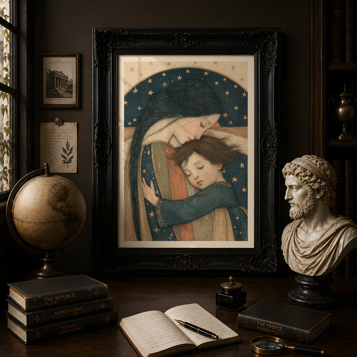 Mother and Child Wall Art, Vintage Starry Night Nursery Print, Celestial Maternal Hug Poster
