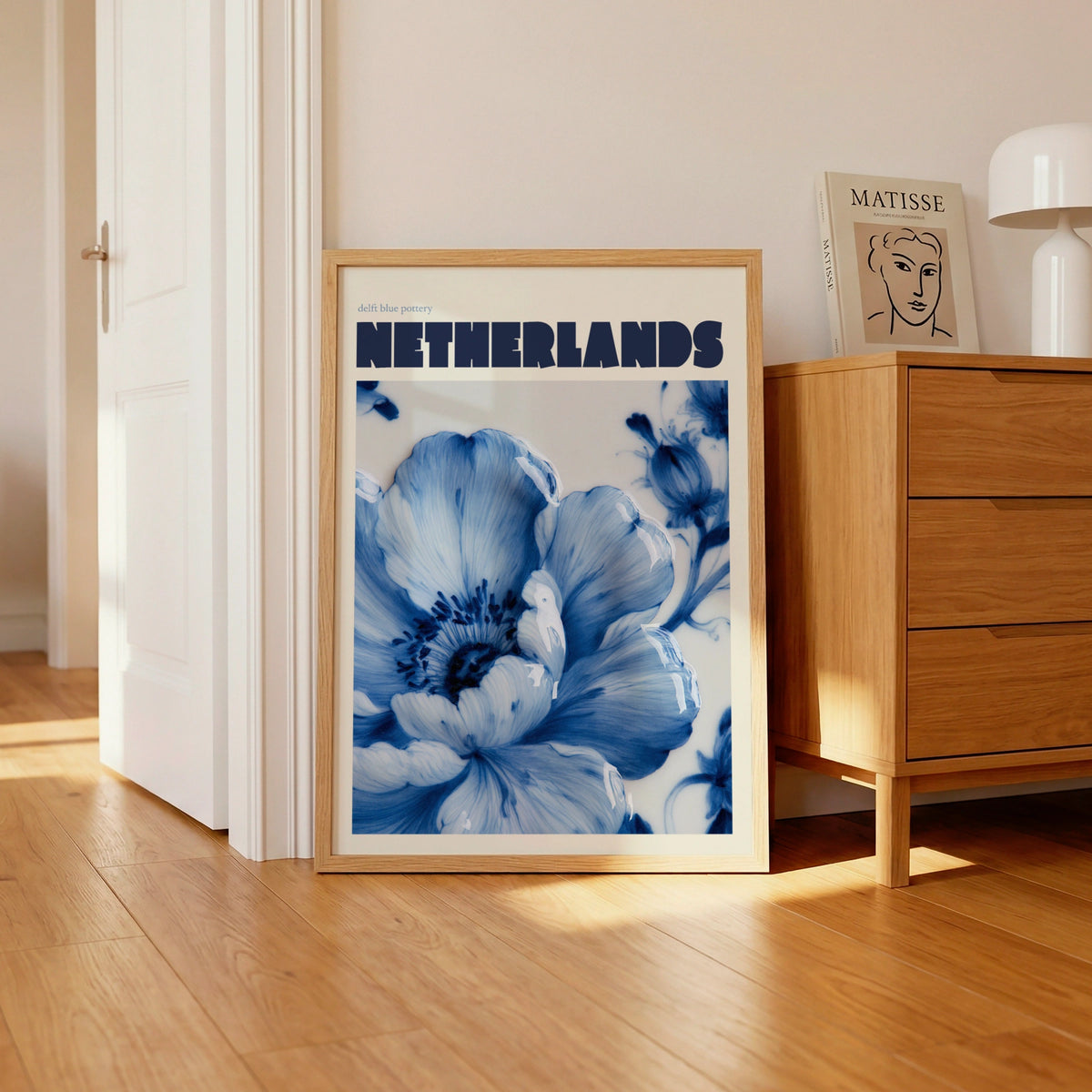 Netherlands Modern Travel Poster, Delft Blue Pottery Floral Wall Art Print