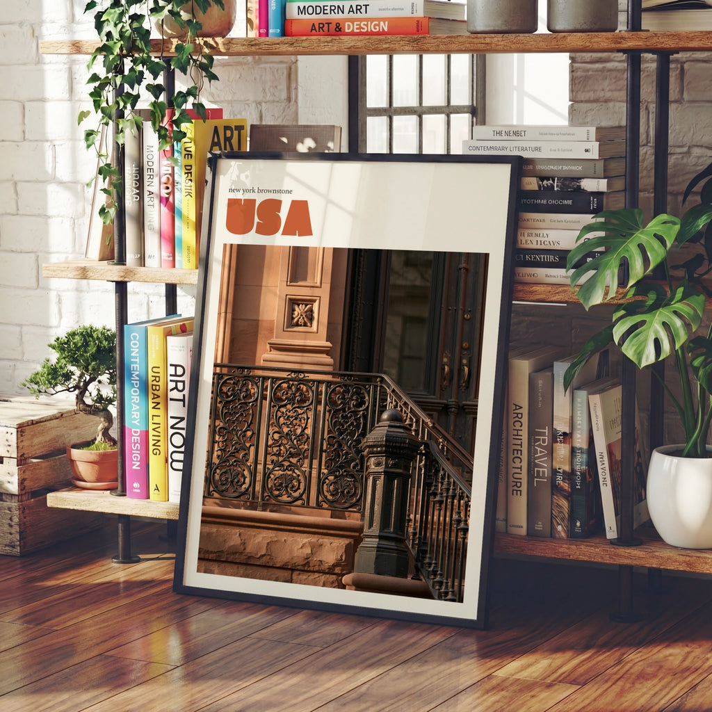 New York Brownstone Retro Travel Poster, NYC Architecture Wall Art Print USA