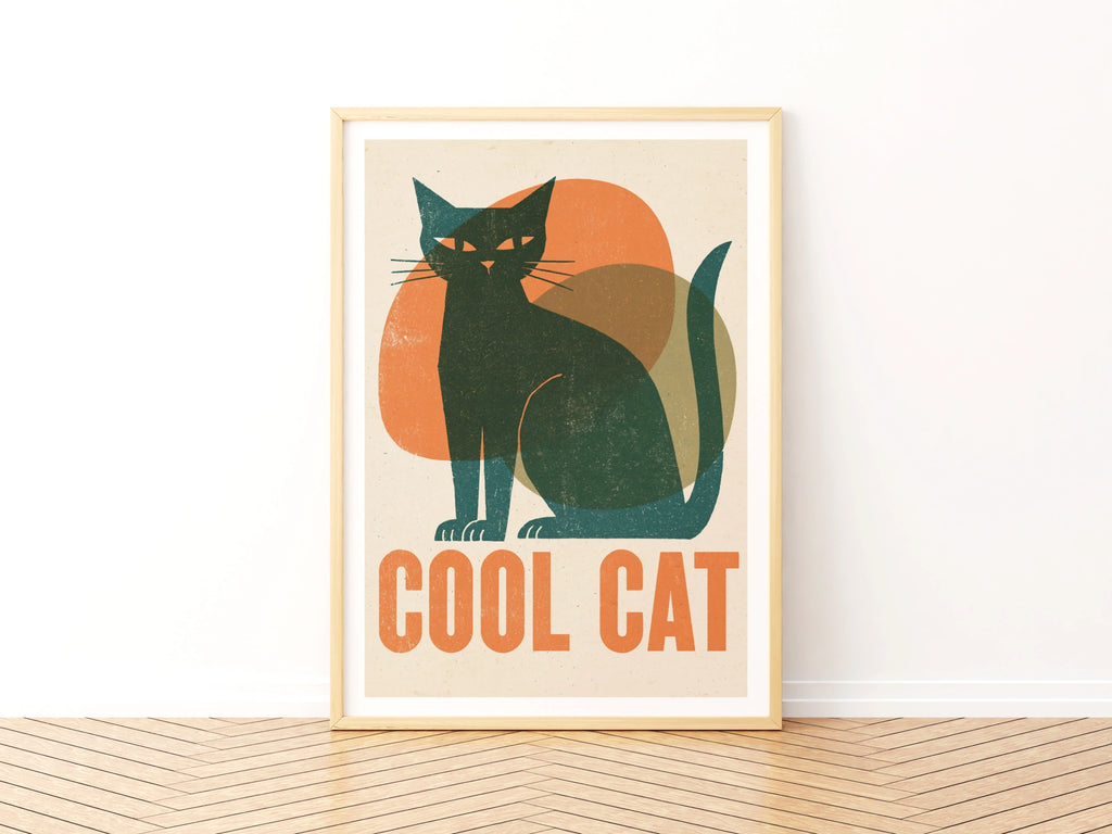 Cool Cat 1950's Retro Print, Vintage Style Black Cat Wall Art, Mid Century Folk Cat Decor