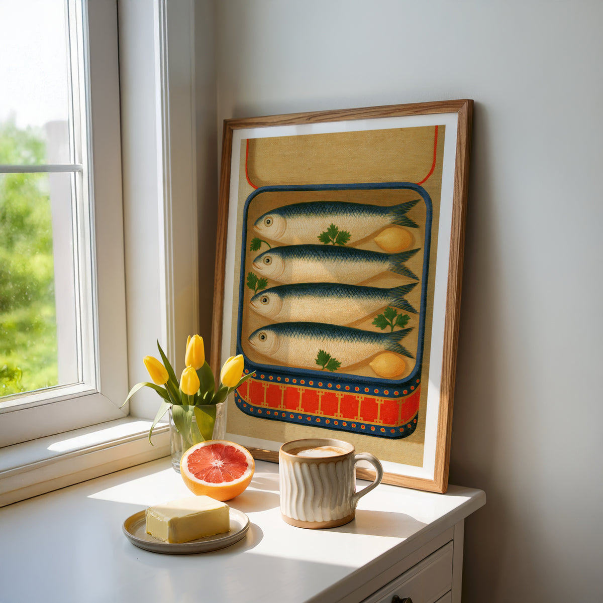 Vintage kitchen art / retro food art / tinned fish art / Mediterranean kitchen art / coastal kitchen art